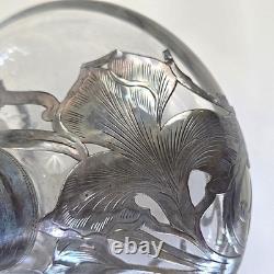 Antique Art Nouveau Silver Overlay Glass Decanter Sterling Floral Design 6