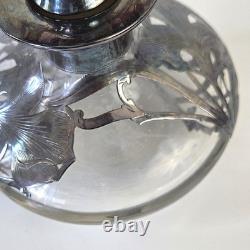 Antique Art Nouveau Silver Overlay Glass Decanter Sterling Floral Design 6