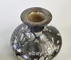 Antique Art Nouveau Silver Overlay Glass Decanter Sterling Floral Design 6