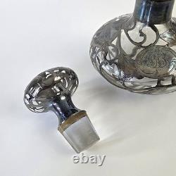 Antique Art Nouveau Silver Overlay Glass Decanter Sterling Floral Design 6
