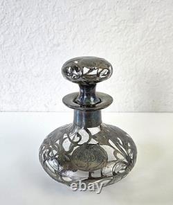 Antique Art Nouveau Silver Overlay Glass Decanter Sterling Floral Design 6
