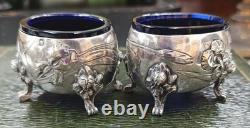 Antique Art Nouveau Sterling Silver Cobalt Glass Salt Cellars Minerva Mark 19thC