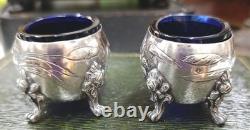Antique Art Nouveau Sterling Silver Cobalt Glass Salt Cellars Minerva Mark 19thC