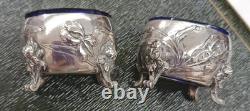 Antique Art Nouveau Sterling Silver Cobalt Glass Salt Cellars Minerva Mark 19thC