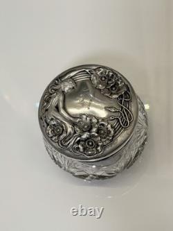 Antique Art Nouveau Sterling Silver Cut Glass Powder Jar William B Kerr Poppy