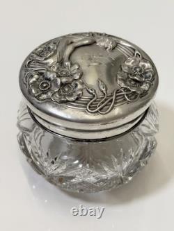 Antique Art Nouveau Sterling Silver Cut Glass Powder Jar William B Kerr Poppy