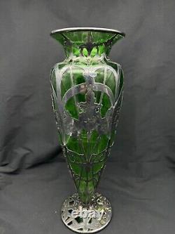 Antique Art Nouveau Sterling Silver Over Green Glass Vase, 14 tall, with Damage