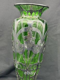Antique Art Nouveau Sterling Silver Over Green Glass Vase, 14 tall, with Damage