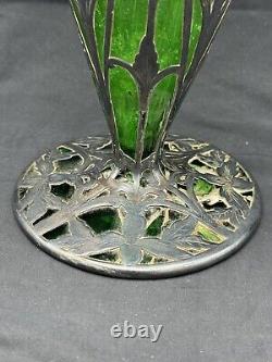 Antique Art Nouveau Sterling Silver Over Green Glass Vase, 14 tall, with Damage