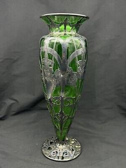 Antique Art Nouveau Sterling Silver Over Green Glass Vase, 14 tall, with Damage