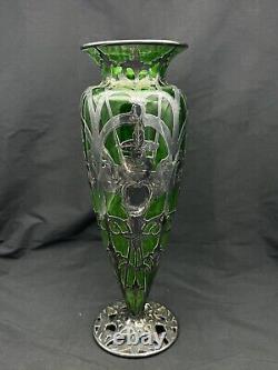 Antique Art Nouveau Sterling Silver Over Green Glass Vase, 14 tall, with Damage