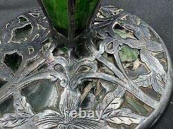 Antique Art Nouveau Sterling Silver Over Green Glass Vase, 14 tall, with Damage