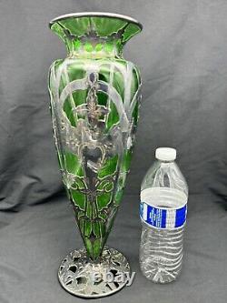 Antique Art Nouveau Sterling Silver Over Green Glass Vase, 14 tall, with Damage