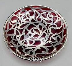 Antique Art Nouveau Sterling Silver Overlay Cranberry Glass Bonbon Bowl 5.5 in