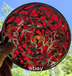 Antique Art Nouveau Sterling Silver Overlay Cranberry Glass Bonbon Bowl 5.5 in