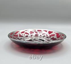 Antique Art Nouveau Sterling Silver Overlay Cranberry Glass Bonbon Bowl 5.5 in