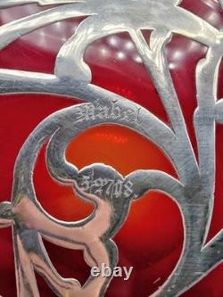 Antique Art Nouveau Sterling Silver Overlay Cranberry Glass Bonbon Bowl 5.5 in