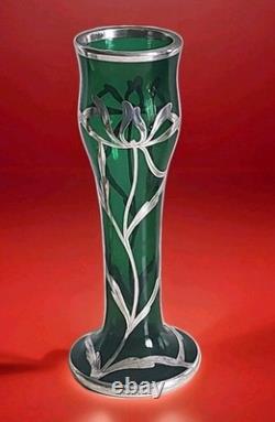 Antique Art Nouveau Sterling Silver Overlay Emerald Green Glass 6 Vase. C1910