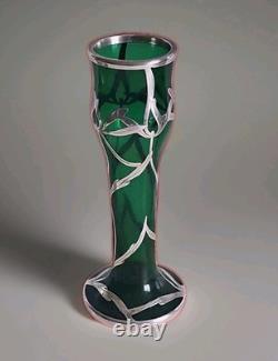 Antique Art Nouveau Sterling Silver Overlay Emerald Green Glass 6 Vase. C1910
