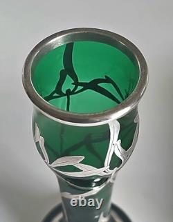Antique Art Nouveau Sterling Silver Overlay Emerald Green Glass 6 Vase. C1910