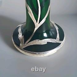 Antique Art Nouveau Sterling Silver Overlay Emerald Green Glass 6 Vase. C1910