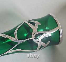 Antique Art Nouveau Sterling Silver Overlay Emerald Green Glass 6 Vase. C1910