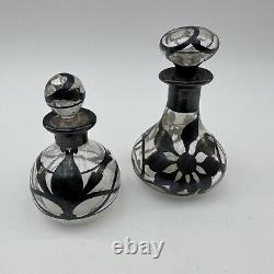 Antique Art Nouveau Sterling Silver Overlay Glass Perfume Bottles & Bud Vase