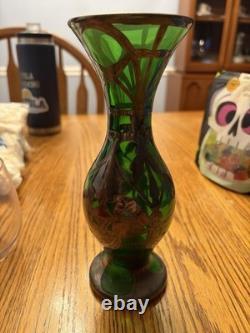 Antique Art Nouveau Sterling Silver Overlay Green Art Glass 8 Vase