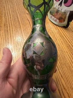 Antique Art Nouveau Sterling Silver Overlay Green Art Glass 8 Vase