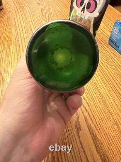Antique Art Nouveau Sterling Silver Overlay Green Art Glass 8 Vase