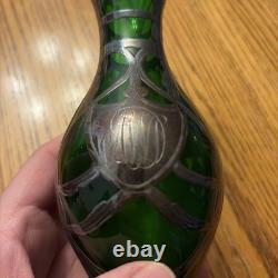 Antique Art Nouveau Sterling Silver Overlay Green Art Glass 8 Vase