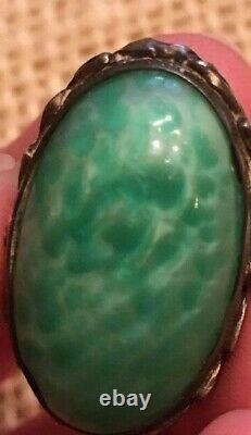 Antique Art Nouveau Sterling Silver Peking Glass Foliage Leaf Design Ring