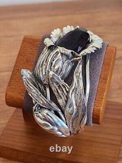 Antique Art Nouveau Sterling Silver Tulip Flower Cuff Bracelet With Purple Stone