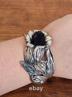 Antique Art Nouveau Sterling Silver Tulip Flower Cuff Bracelet With Purple Stone