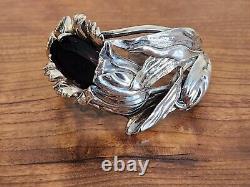 Antique Art Nouveau Sterling Silver Tulip Flower Cuff Bracelet With Purple Stone