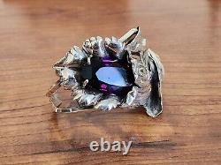 Antique Art Nouveau Sterling Silver Tulip Flower Cuff Bracelet With Purple Stone