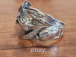Antique Art Nouveau Sterling Silver Tulip Flower Cuff Bracelet With Purple Stone