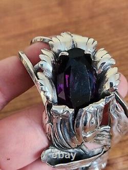 Antique Art Nouveau Sterling Silver Tulip Flower Cuff Bracelet With Purple Stone