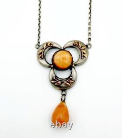 Antique Art Nouveau Sterling Silver and Coral Glass Necklace