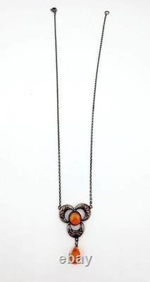 Antique Art Nouveau Sterling Silver and Coral Glass Necklace