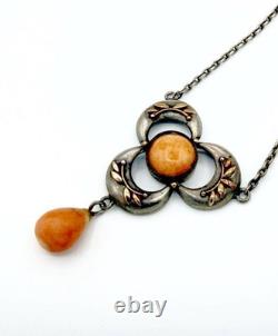 Antique Art Nouveau Sterling Silver and Coral Glass Necklace