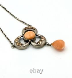 Antique Art Nouveau Sterling Silver and Coral Glass Necklace