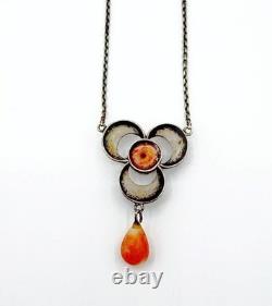 Antique Art Nouveau Sterling Silver and Coral Glass Necklace