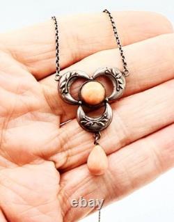 Antique Art Nouveau Sterling Silver and Coral Glass Necklace