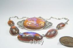 Antique Arts & Crafts Sterling Silver Jelly Opal Glass Necklace & Brooch Set