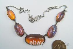 Antique Arts & Crafts Sterling Silver Jelly Opal Glass Necklace & Brooch Set
