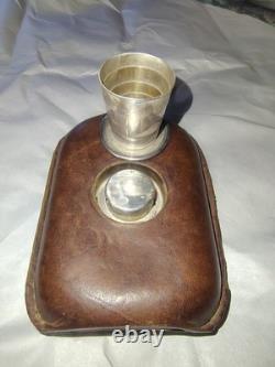 Antique Black Starr & Frost Sterling Silver Leather Flask Telescoping Shot Glass
