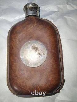 Antique Black Starr & Frost Sterling Silver Leather Flask Telescoping Shot Glass
