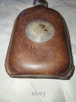 Antique Black Starr & Frost Sterling Silver Leather Flask Telescoping Shot Glass