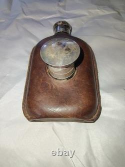 Antique Black Starr & Frost Sterling Silver Leather Flask Telescoping Shot Glass